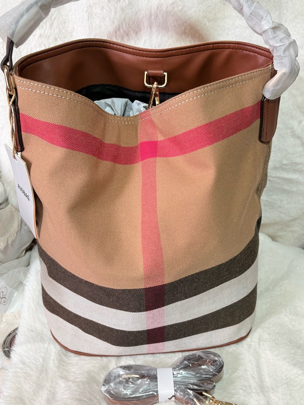 Canvas Stripe Tote Bag in Tan and Pink